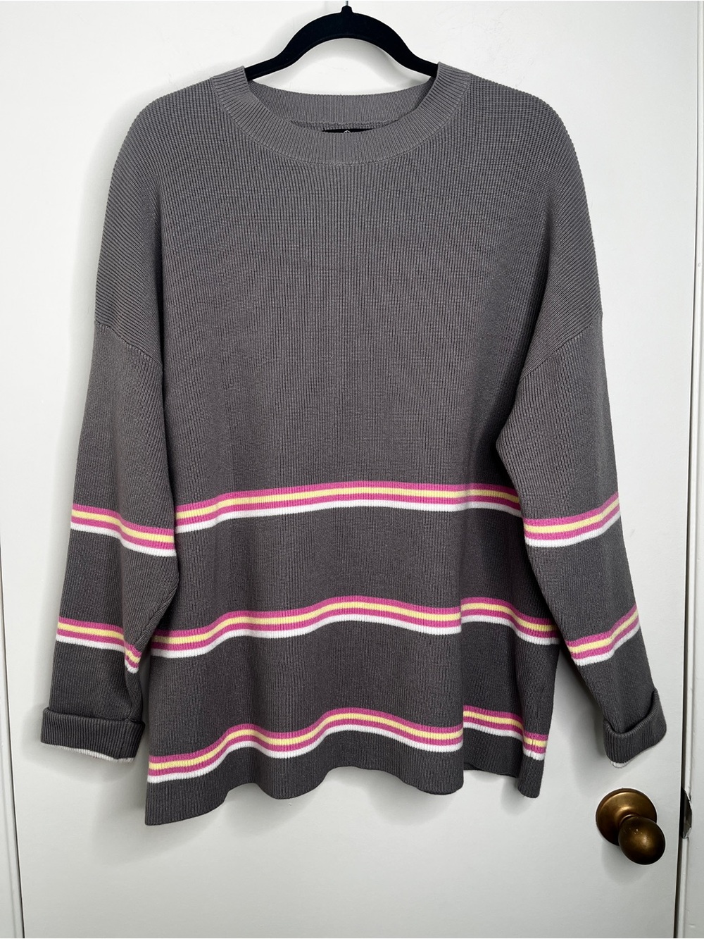 Lillusory Gray Pink Striped Rib Knit Pullover Sweater Oversized L